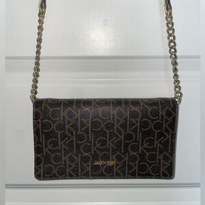 Calvin Klein Cross Body Purse, Dark Brown Logo Print